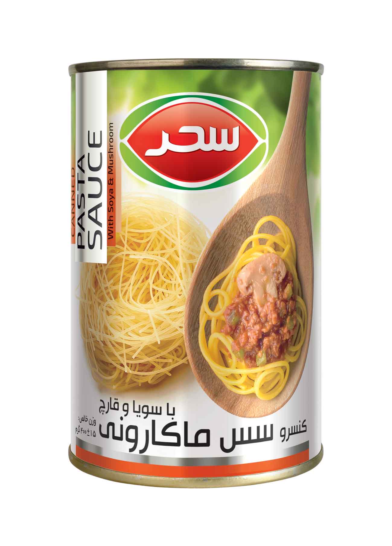 کنسرو سس ماکارونی با سویا و قارچ سحر در قوطی وزن خالص 400 گرم 